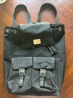 Dkny Black Nylon Tote Backpack with Gold Plaque